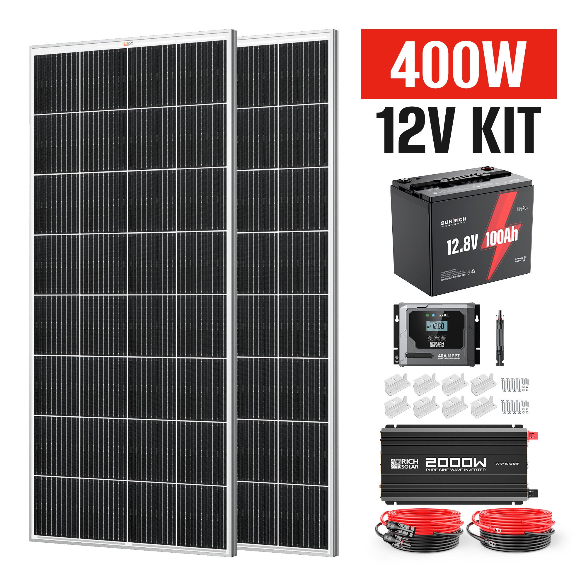 400 Watt 12 Volt Complete Solar Panel Kit with 100Ah LiFePO4 Battery, 2000W Pure Sine Wave Inverter