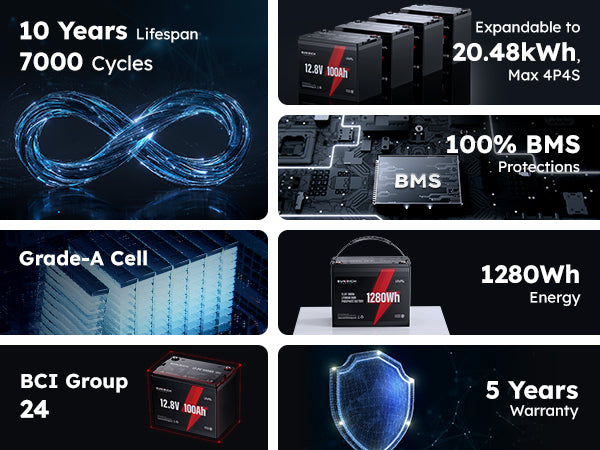 Sunrich Energy 12.8V 100Ah Group 24 Lithium Iron Phosphate Battery Feature SE-100E